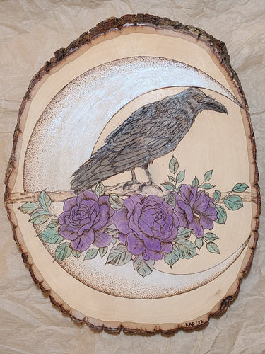 Raven Moon woodburned art